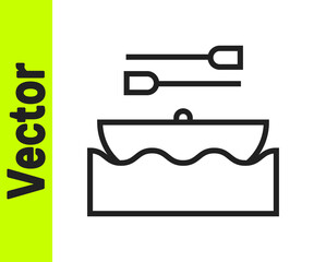 Black line Boat with oars icon isolated on white background. Water sports, extreme sports, holiday, vacation, team building. Vector.