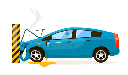 Car crash. Automobile with damaged bumper and hood after fence column hit isolated on white background. Accident on road vector illustration © studioworkstock