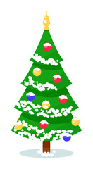 Decorated fir tree. Cartoon decorated fir tree with christmas ornament under snow illustration. Single adorned xmas pine isolated on white background