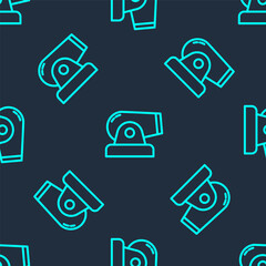 Green line Cannon icon isolated seamless pattern on blue background. Vector.