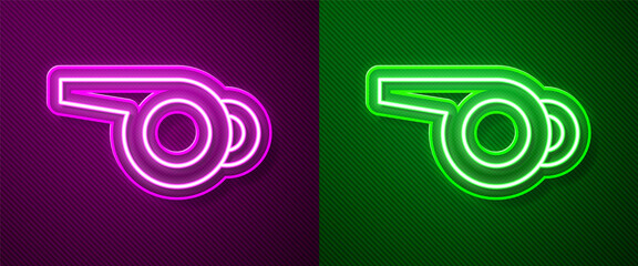 Glowing neon line Whistle icon isolated on purple and green background. Referee symbol. Fitness and sport sign. Vector.