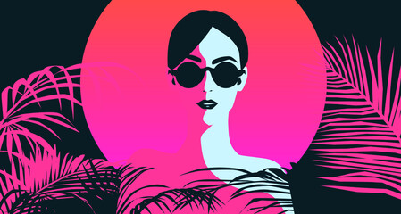 Beautiful brunette woman with short haircut wearing sunglasses in tropical forest. Stylish original graphic portrait. Fashion illustration in minimal art style.