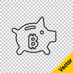 Black line Piggy bank bitcoin icon isolated on transparent background. Icon saving or accumulation of money, investment. Vector.