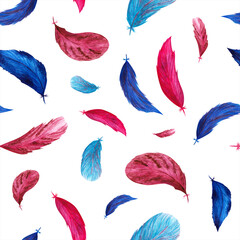 Watercolor Hand Drawn Clip Art Seamless Pattern Print Abstract Bird Feather Isolated Elements White Background