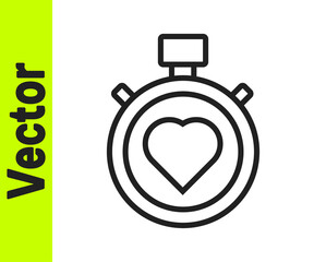 Black line Heart in the center stopwatch icon isolated on white background. Valentines day. Vector.