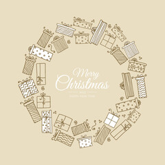 Merry Christmas and Happy New Year. Xmas background with presents. Greeting card, holiday banner, web poster