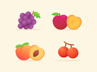 Fruit set collection grape plum peach cherry slice whole fresh juicy vitamin nutrition fiber white isolated background with flat color style
