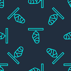 Green line Butterfly cocoon icon isolated seamless pattern on blue background. Pupa of the butterfly. Vector.