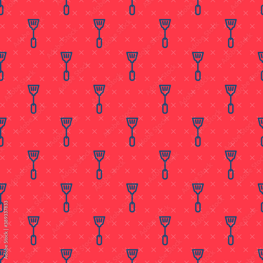 Poster blue line fly swatter icon isolated seamless pattern on red background. vector.