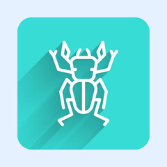 White line Beetle deer icon isolated with long shadow. Horned beetle. Big insect. Green square button. Vector.