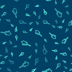 Green line Toy horse icon isolated seamless pattern on blue background. Vector.