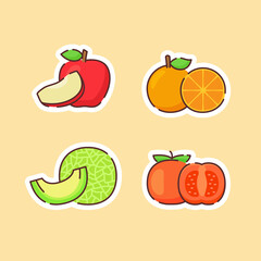 Fruit icons set collection apple orange melon tomato natural healthy fresh food with color flat cartoon outline style