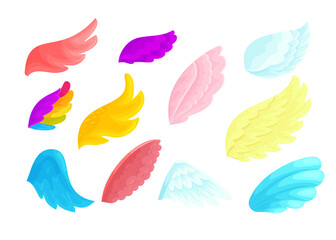 Fototapeta na wymiar Colorful angels and fairies wings cartoon vector illustrations set. Rainbow color, red and pink magic birds body parts for flying. Blue and yellow feather wings isolated on white background