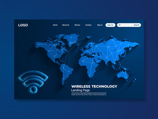 Wireless technology landing page, blue background with world map, interface, vector