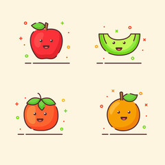 Fruit icons set collection apple orange melon tomato cute mascot face emotion happy fruit with color flat cartoon outline style