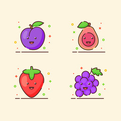 Fruit icons set collection plum guava strawberry grape cute mascot face emotion happy fruit with color flat cartoon outline style