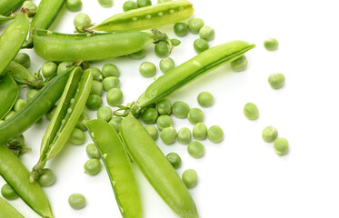 Fresh green pea pod with beans isolated on white background. Horizontal design element with...