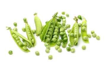 Fresh green pea pod with beans isolated on white background. Horizontal design element with...