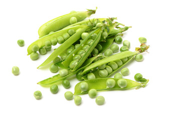 Fresh green pea pod with beans isolated on white background. Horizontal design element with clipping path