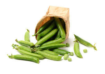 Fresh green pea pod with beans isolated on white background. Horizontal design element with clipping path