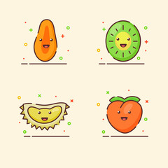 Fruit icons set collection papaya kiwi durian peach cute mascot face emotion happy fruit with color flat cartoon outline style