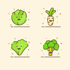 Vegetable icons set collection cabbage radish lettuce broccoli cute mascot face emotion happy with color flat cartoon outline style