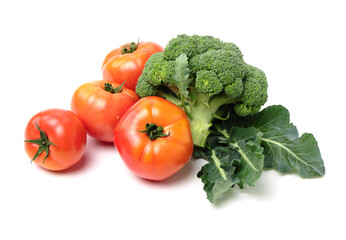 Fresh tomato and broccoli vegetable on white background