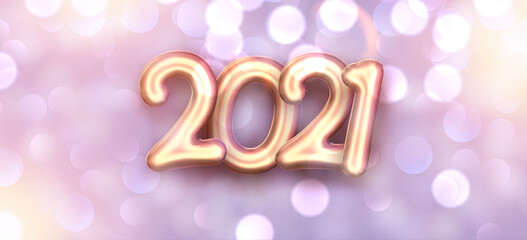 Obraz na płótnie Canvas Golden foil balloon 2021 sign on blurred background.
