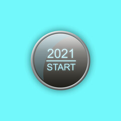 2021 Start. Round button on a light blue background. Isolated.