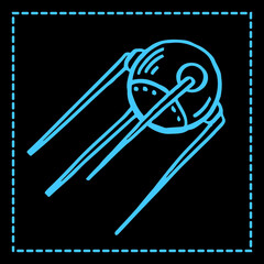 A satellite flying around the planet Earth in a blue outline from space. Icon