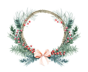 Watercolor Christmas wreath and frame of pine branches, winter berries and leaves.  hand drawn composition. For a festive mood. For the design of postcards, invitations, posters
