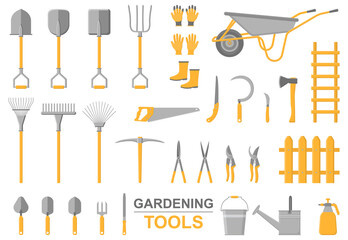 Set of various gardening items. Gardening tools of farming or farmer garden household. Shovel, pitchfork, saw, axe, gloves, boots. Vector illustration in cartoon style isolated on white background.