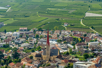 Beautiful aerial view of the historic center of Silandro, South Tyrol, Italy, with in the...