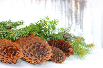 Obraz premium christmas tree on a white background, tree and cones, toys, balls