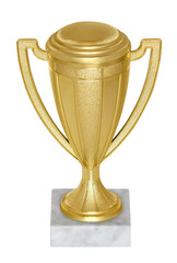 A Gold trophy cup with two handles and marble base, isolated on a white background