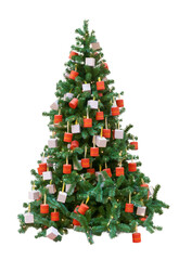 Christmas tree decorated with gifts boxes, isolated on a white background