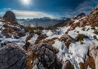 Obraz premium Trekking day in a snowy autumn in the Dolomiti Friulane, Friuli-Venezia Giulia