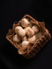 button mushroom on hyacinth box and black background