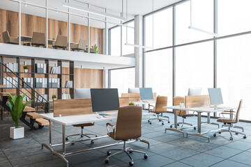 White and wooden panoramic open space office corner