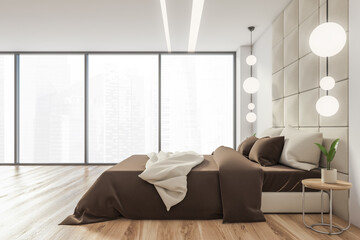 Beige and white bedroom interior, side view