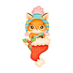 Illustration of cute cartoon christmas fox in hat with candy in red santa hat isolated on white background