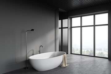 Obraz na płótnie Canvas Gray loft bathroom corner with bathtub and shower