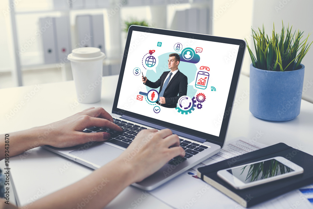 Poster man using laptop with man with phone and network icons