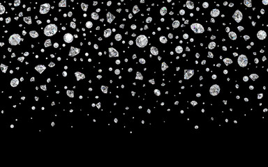 Falling lot of diamonds on black background. 3d illustration