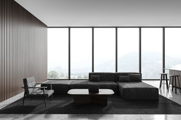 Dark wooden living room interior with sofa