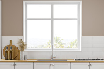 Beige kitchen interior with cupboards