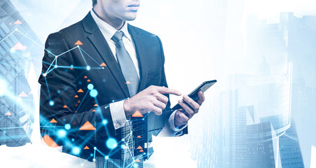 Man with smartphone in city and network interface