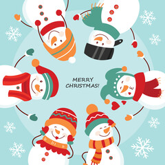 Christmas card. Round dance of snowmen. Vector illustration