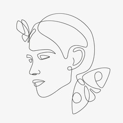Woman head with butterfly composition. Hand-drawn vector line-art illustration. One Line style drawing.