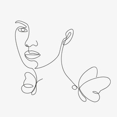 Woman head with butterfly composition. Hand-drawn vector line-art illustration. One Line style drawing.